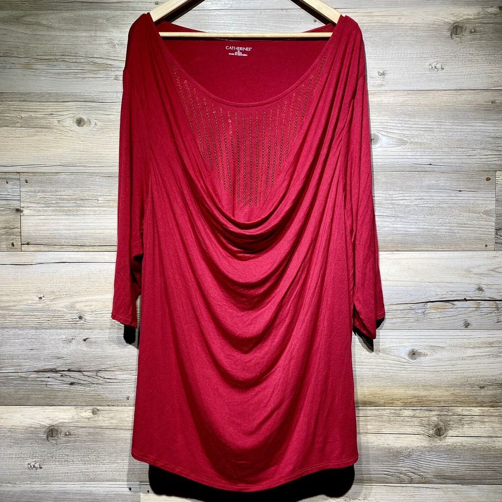 Catherines Women’s 2X Red Sequin Drape Neck Layered Look Stretch 3/4 Sleeve Top - Picture 1 of 8